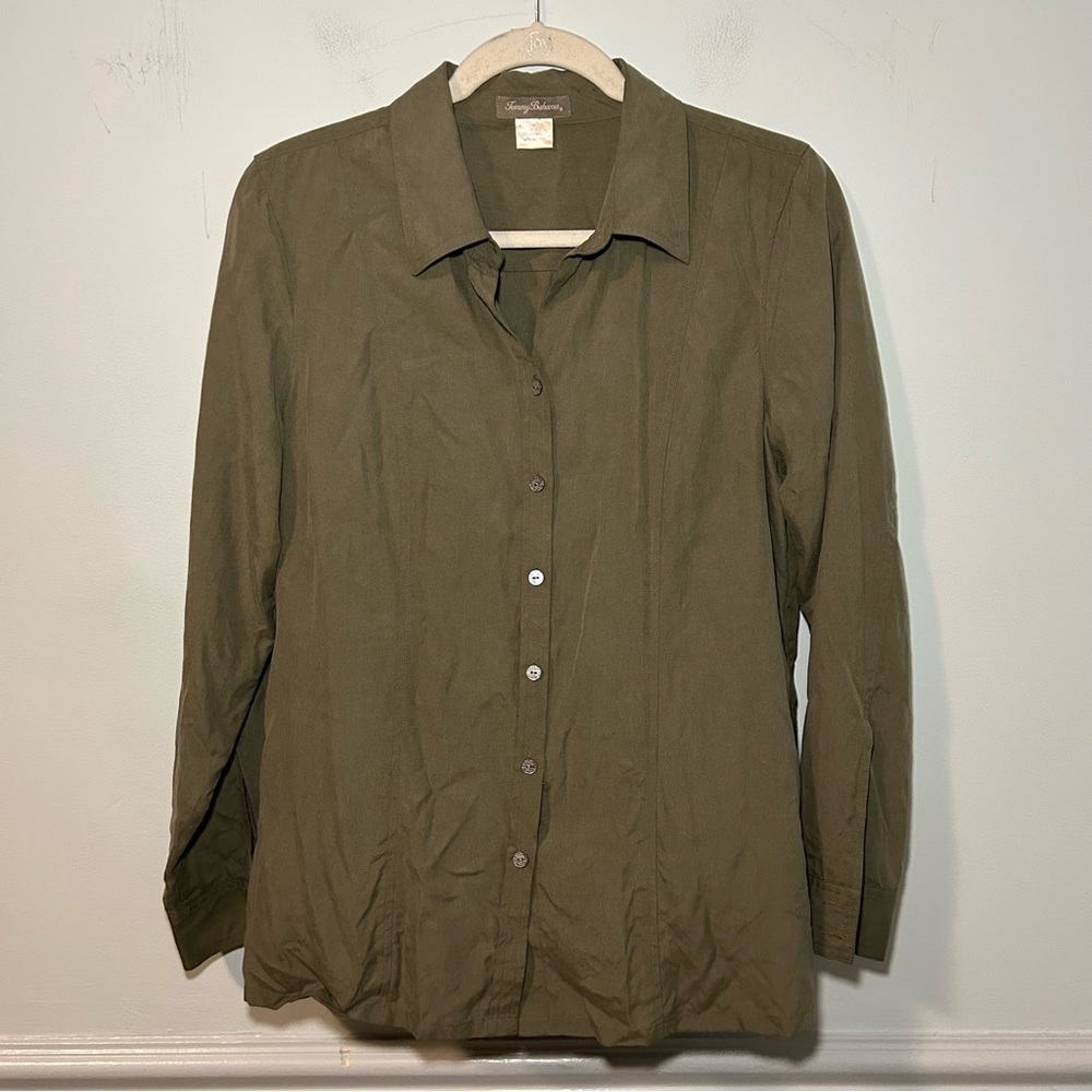 Tommy Bahama 100% Silk Green Button Up Long Sleeve Blouse Size Medium